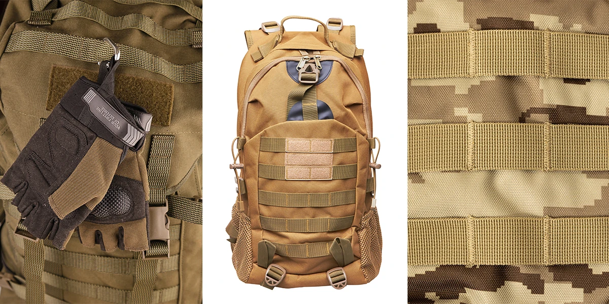 Close-up view of MOLLE system on a tactical backpack, showcasing its modular attachment capabilities.