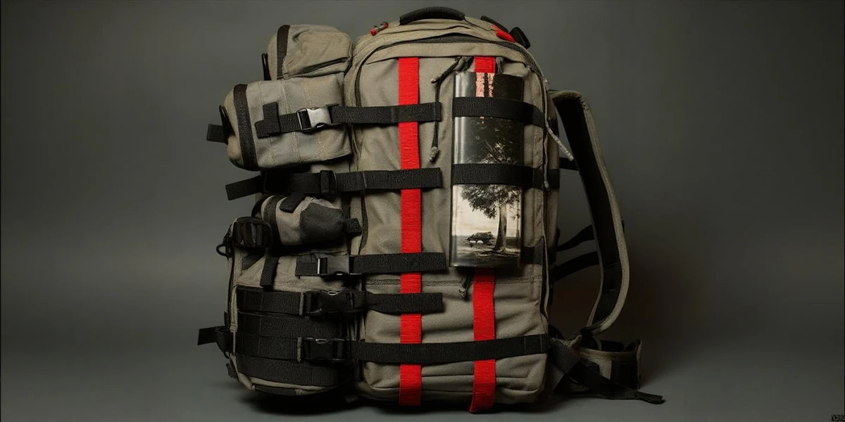 A multi-compartment tactical backpack with modular attachments and red accent straps, designed for organized storage.