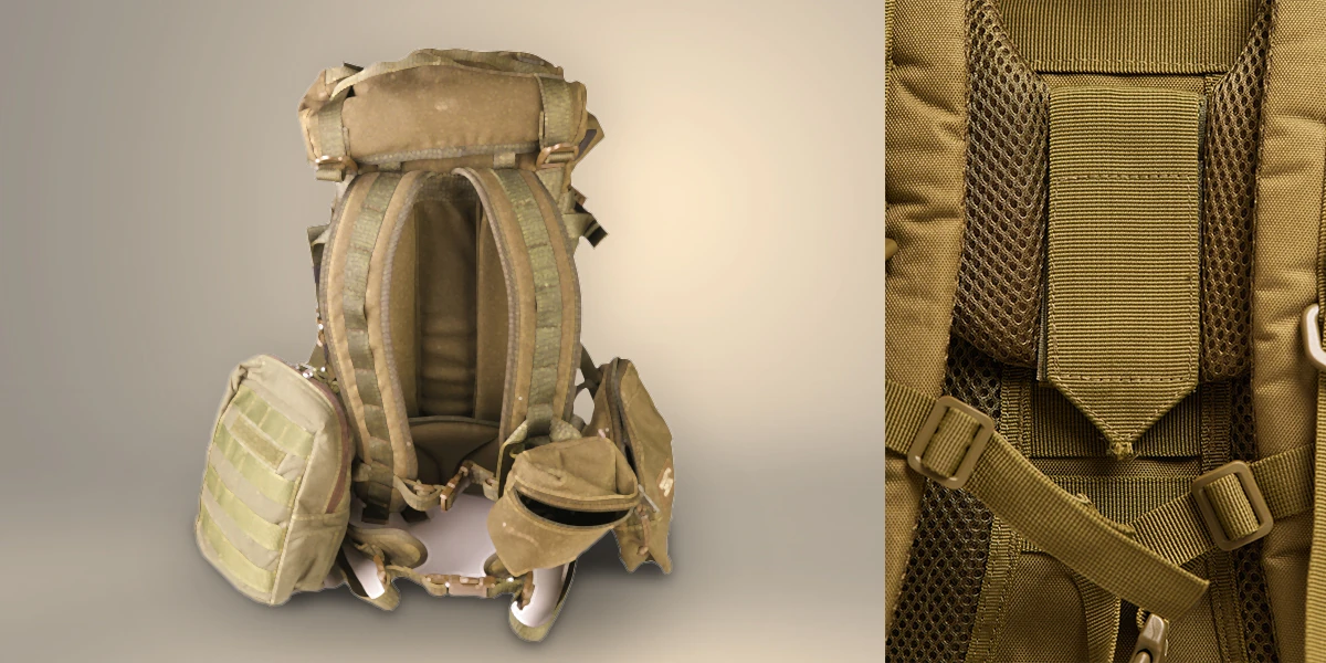 Rear view of a padded tactical backpack with adjustable straps and detachable compartments.