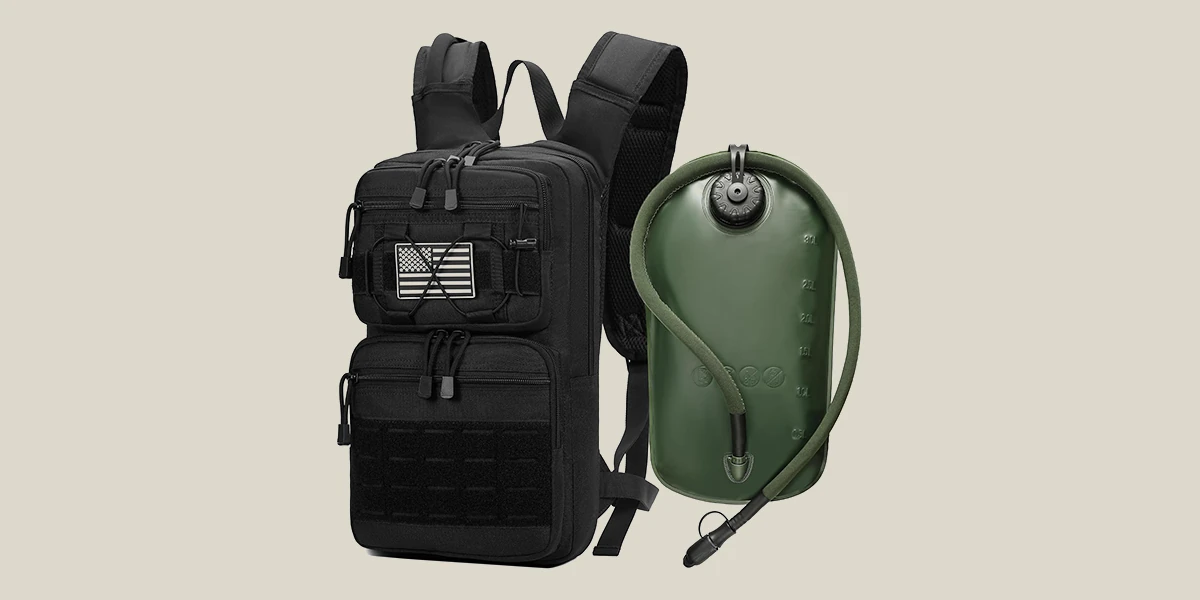 Tactical hydration backpack in black, paired with a green water bladder for outdoor and military use.
