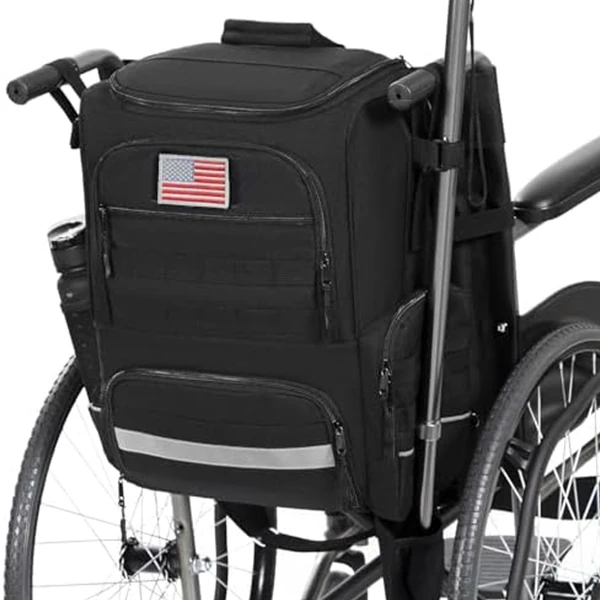 A tactical backpack securely attached to a wheelchair, designed for mobility aid users.
