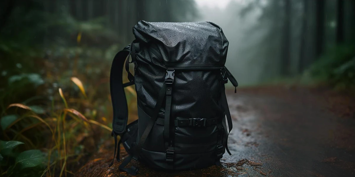 Waterproof tactical backpack on a wet forest trail, showcasing its weather-resistant design.
