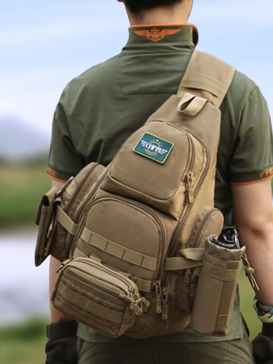 The Best Tactical Sling Backpack for Outdoor Adventures A person wearing the best tactical sling backpack with multiple compartments, MOLLE webbing, and a water bottle holder, designed for outdoor use.