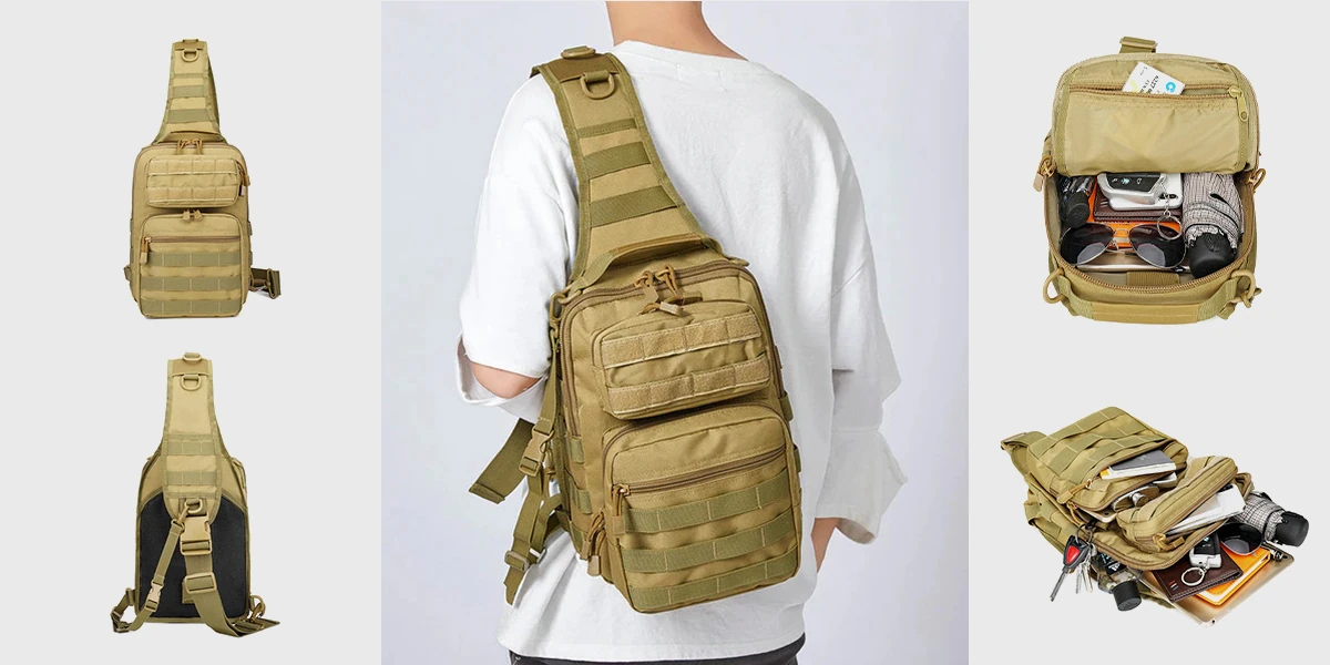 Multi-Angle View of the Best Tactical Sling Backpack with MOLLE Design A tactical sling backpack displayed in different angles, showing its MOLLE webbing, spacious compartments, and organized storage for gear and accessories.