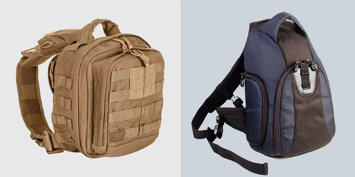 Best Tactical Sling Backpack vs. Traditional Sling Bag: Side-by-Side Comparison Comparison between the best tactical sling backpack with MOLLE webbing and a traditional sling bag, showcasing their designs and features side by side.
