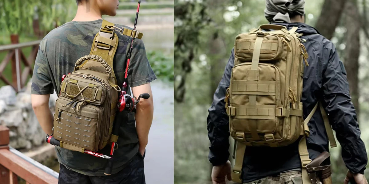 tactical-sling-backpack-vs-two-strap-tactical-backpack Comparison of a tactical sling backpack with a single strap and a two-strap tactical backpack, highlighting their differences in design and use.