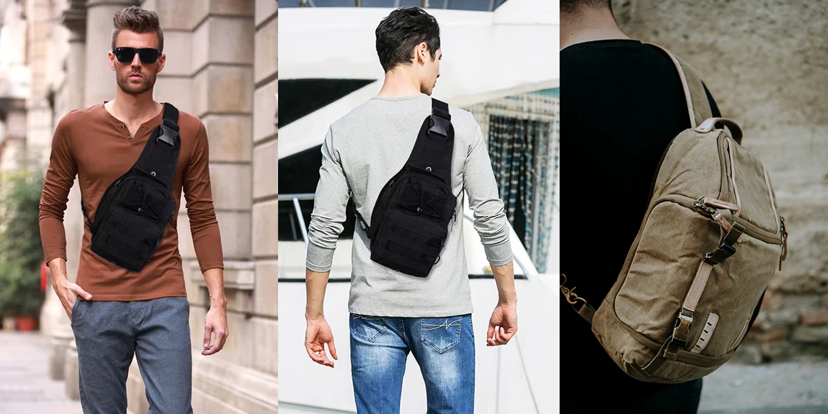 Traditional Sling Backpacks in Urban Settings Three examples of traditional sling backpacks in an urban environment, worn by men showcasing different casual styles.